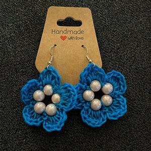 Handmade Crochet Beaded Flower Earrings on Hypoallergenic Gold Dangle Hooks